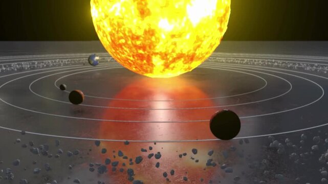 Dramatic solar system animation with planets orbiting a vibrant sun, perfect for science education