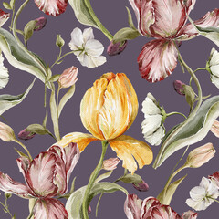 Watercolor floral seamless pattern. Hand painted leaves, meadow flowers, tulips. Botanical illustration for textile, fabric, print, digital paper