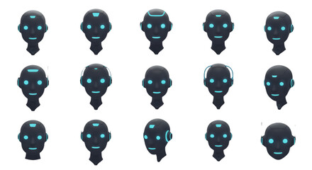Abstract 3D Render of Robotic Faces with Blue Glowing Features on Black