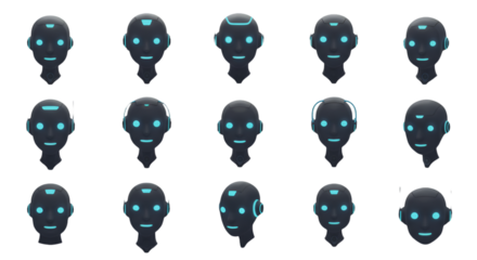 Abstract 3D Render of Robotic Faces with Blue Glowing Features on Black