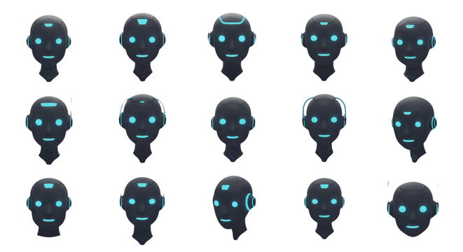 Abstract 3D Render of Robotic Faces with Blue Glowing Features on Black