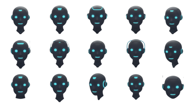 Abstract 3D Render of Robotic Faces with Blue Glowing Features on Black