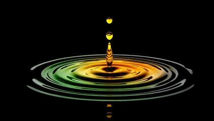 A vibrant liquid drop impacting a dark surface, creating concentric ripples in hues of gold, green, and orange