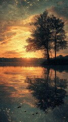 Obraz premium Tranquil Lake at Sunset with Tree Reflection and Golden Light