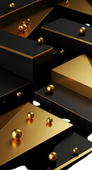Abstract 3D Illustration of Geometric Gold and Black Shapes on Dark Background