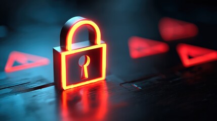 A glowing neon padlock icon on a digital interface symbolizes cybersecurity and data protection in a futuristic, high-tech environment.