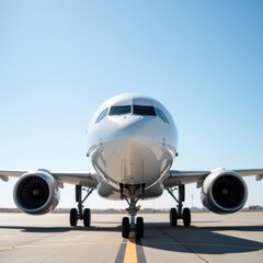 Sleek airplane stands on runway, showcasing its modern design and powerful engines under clear blue sky