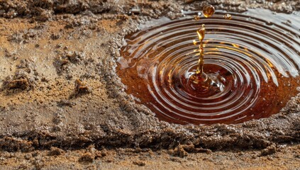 A drop of liquid impacting a puddle in dirt