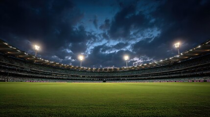 Wide stadium shot under dramatic evening sky, illuminated by bright overhead lights