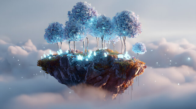 Fantasy floating island with crystal trees and pixel grass in a dreamy digital sky - Powered by Adobe