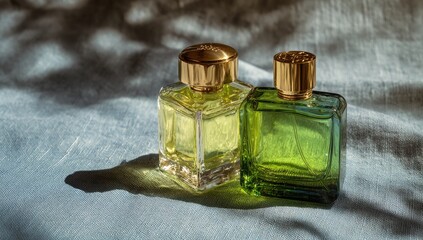 Two perfume bottles, one pale yellow, the other a deep green, sit on a light-blue fabric