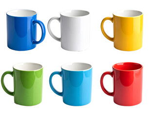 Set of colorful cups isolated on a transparent background.
