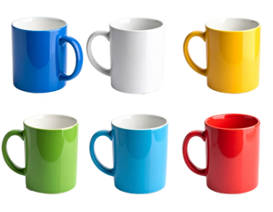 Set of colorful cups isolated on a transparent background.