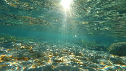 Underwater sunlight beams through clear water, illuminating light-colored seabed