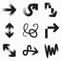 Grunge brush stroke arrow icon set. A collection of hand-drawn direction pointers and abstract doodle symbols for graphic design.