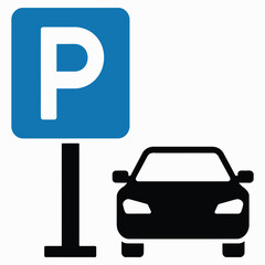 Blue parking sign symbol and car silhouette icon isolated on white background. Vector graphic for transportation and parking zones.