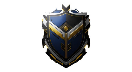 Abstract 3D Shield Illustration in Blue Gold and Metal on Isolated Black Background