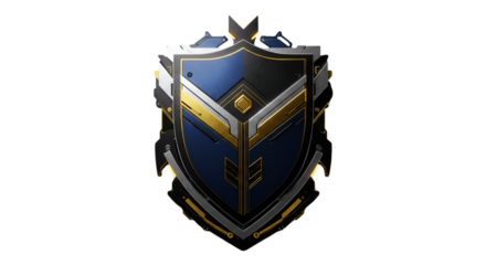 Abstract 3D Shield Illustration in Blue Gold and Metal on Isolated Black Background