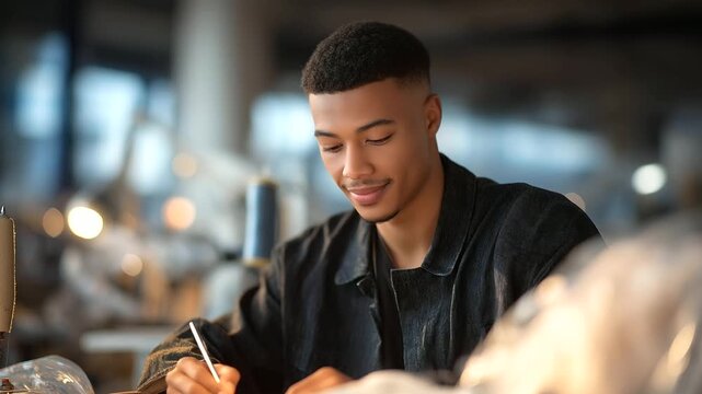 Young apprentice embroidering with sewing needle in natural light