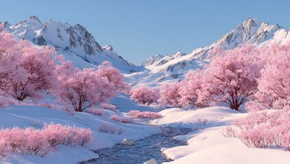 Pink blossoms on snowy mountains