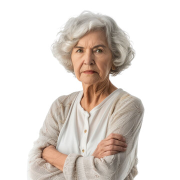 Serious elderly woman with short, gray, curly hair, arms crossed, stern expression. background removed