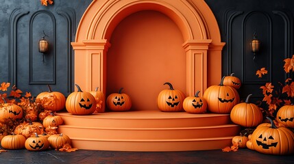 Obraz premium Numerous carved Halloween pumpkins displayed on orange tiered platform with dark background
