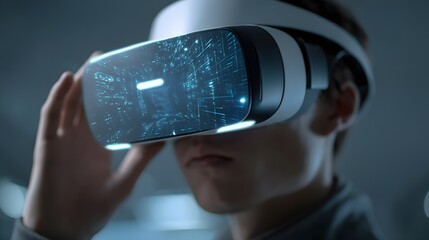 Person wearing a modern virtual reality headset displaying an immersive digital tunnel experience