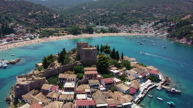 Aerial drone footage of the scenic Greek island town of Koroni, showing the historic castle, beach, and turquoise sea with boats on a sunny day.