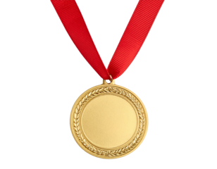 Gold medal with red ribbon isolated on a transparent background.