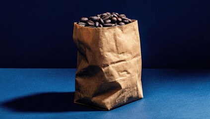 Brown paper bag filled with dark roasted coffee beans, set against a deep blue backdrop