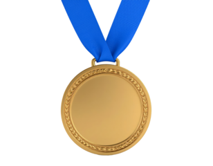 Gold medal with blue ribbon isolated on a transparent background.