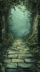 Walking Stone Path Through Overgrown Stone Archway in Misty Green Light
