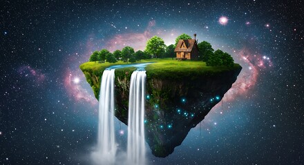 Fototapeta premium Enchanted Floating Island: Serene Cottage, Waterfall, and Cosmic Nebula Background