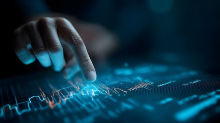 Human hand touching illuminated screen with abstract financial graphs glowing blue interface