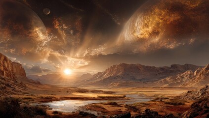 Alien landscape bathed in golden sunrise.  Vast, otherworldly mountains and plains, with a flowing river.  Two vibrant planets