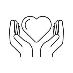 Fototapeta premium Charity and care icon with hands holding heart representing love donation support and social welfare for health and relationship line vector stroke