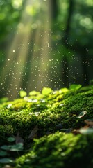 Mossy Ground with Sunlight Streaming Through Forest Canopy