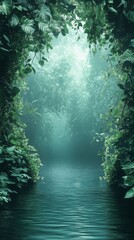 Waterway Through Lush Green Forest with Overhanging Foliage