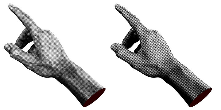2 style Halftone hands collection. Halftone hands show pointing gesture . Stylish halftone collage design elements. Hand gestures in pop art style. Transparent background