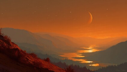Obraz premium Sunrise over a valley on a distant world. A crescent moon hangs in an orange sky