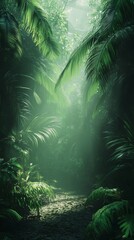 Walking Path Through Lush Jungle with Sunlight Filtering Through Canopy