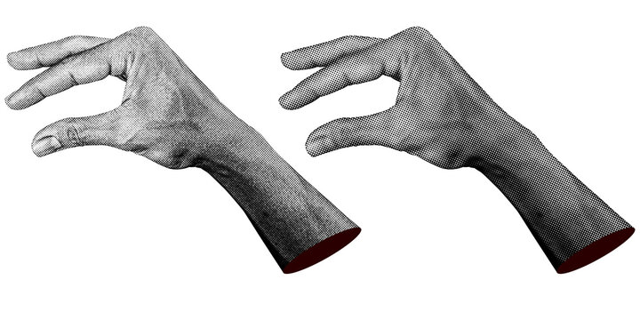2 style Halftone hands collection. Halftone hands show the pinching gesture. Stylish halftone collage design elements. Hand gestures in pop art style. Transparent background