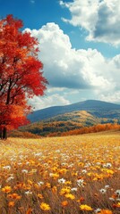 Autumn Meadow Landscape with Red Tree and Distant Mountains