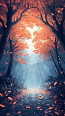 Walking Path Through Autumnal Forest with Falling Leaves