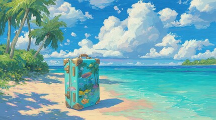 A vibrant suitcase with ocean-themed designs stands on a tropical beach with palm trees, white sand, and turquoise waters under a bright, blue sky with fluffy clouds.