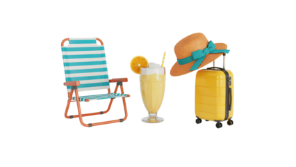 A beach chair, a drink with orange slice, suitcase and hat on a black background