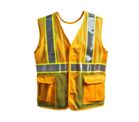 A vibrant yellow high visibility safety vest with reflective strips for construction professionals transparent background
