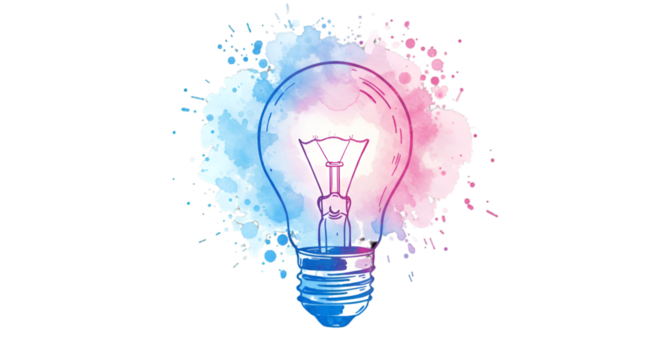 Abstract Illustration Of A Lightbulb With Blue And Pink Watercolor Splash On Black Background