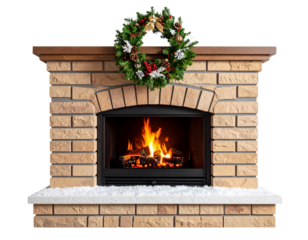 Christmas Fireplace with Snow-Dusted Mantel and Wreath, Angled View, Transparent Background