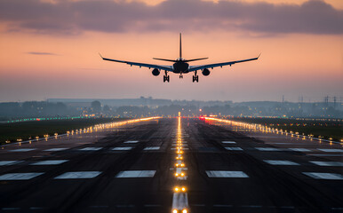 Fototapeta premium A wide view of a large commercial airplane taking off from an illuminated runway at dusk, with mountain silhouettes against a cloudy evening sky.